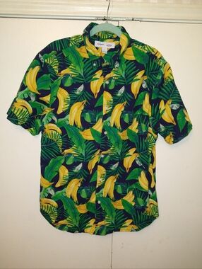 Old Navy Slim Fit Built-In Flex Tropical Banana Print Button Up Shirt Men's L